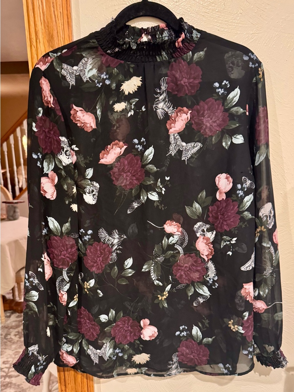 torrid Black Sheer Floral Blouse with Smocked Neck